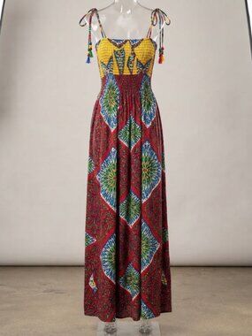 Fresh Karma Tank Dress Women's Multicolor African Print Smocked Tie/BEAD Strap M